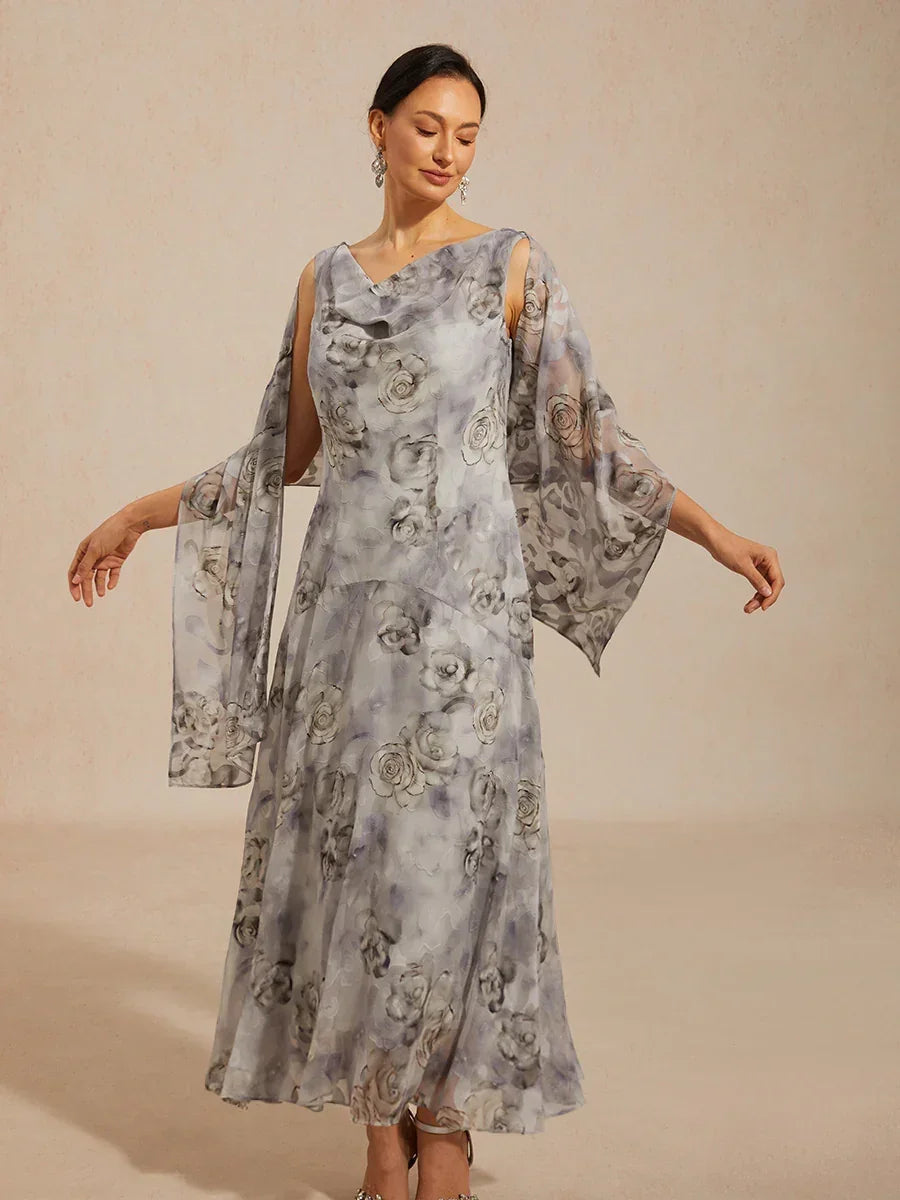 Floral Cowl Neck Tea-Length Dress with Flounce Hem