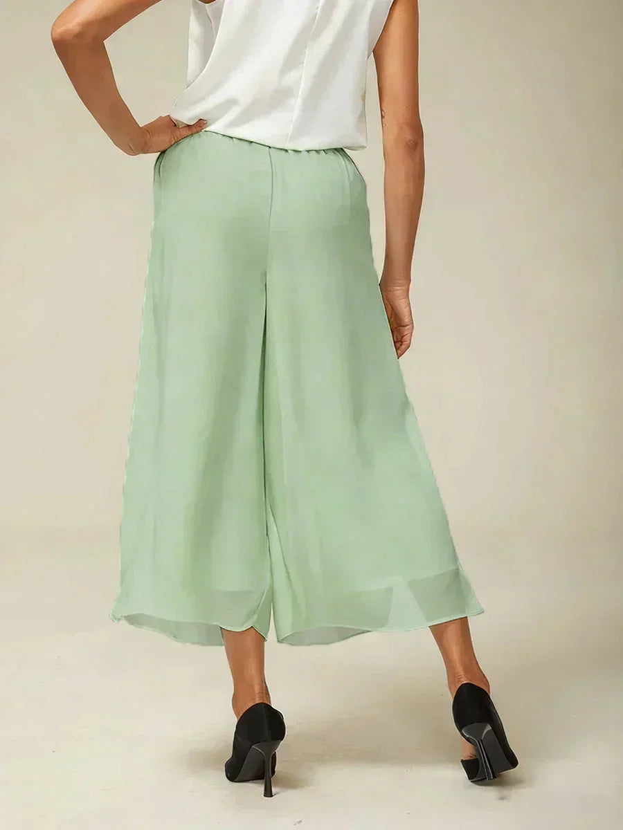 Cropped Length Straight Leg Pant With Chiffon Split Leg Overlay