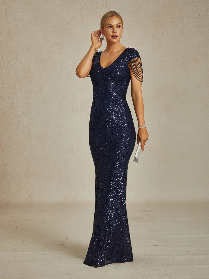 Sequin Mermaid Evening Gown with Beaded Chain Details