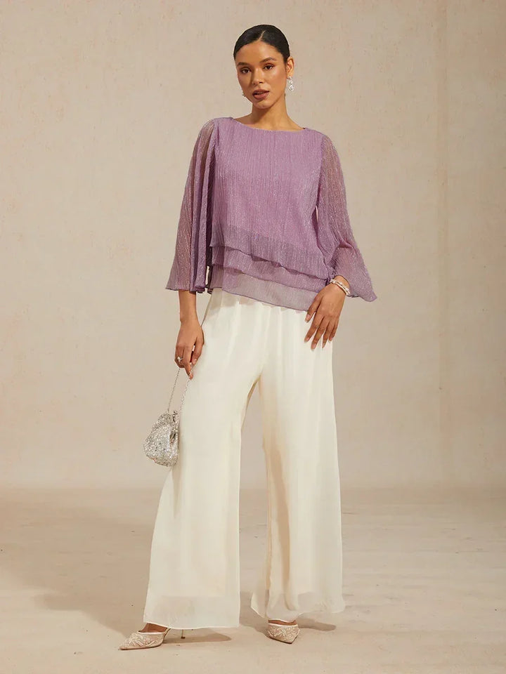 Chiffon Asymmetrical Layered Blouse And Pant Suits