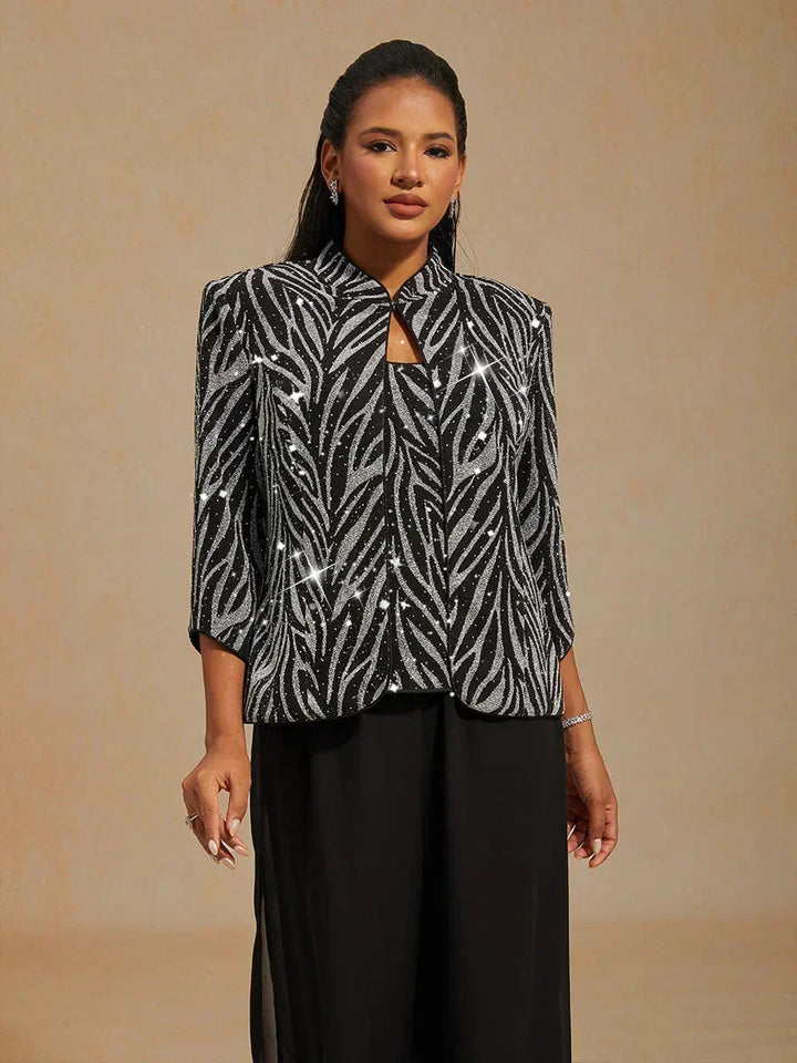 Mandarin Collar Zebra Twinset And Pants 3 Piece Sets