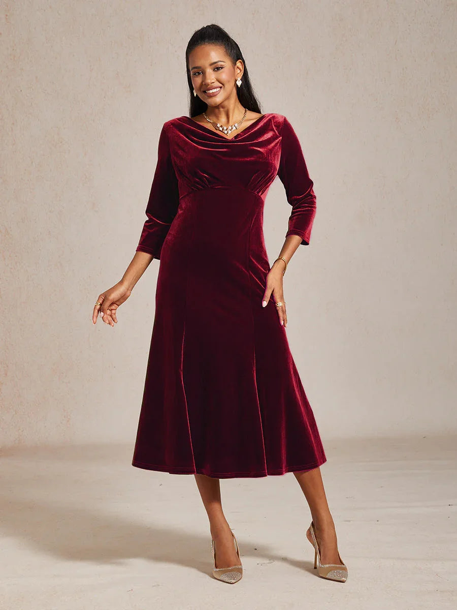 High-Stretch Velvet Sleeveless Midi Dress with Cowl Neck