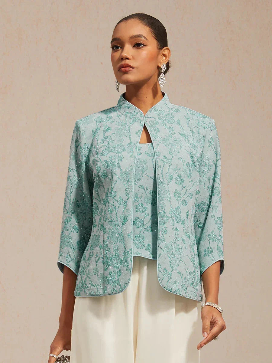 Elegant Mandarin Collar Twinset with Rhinestone-Embellished Zebra Print