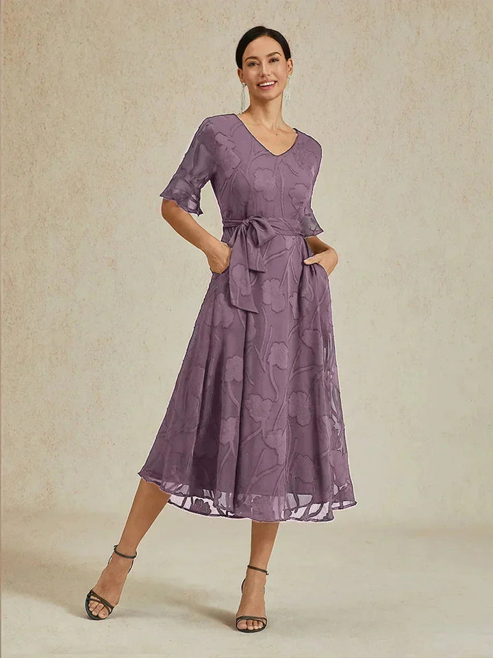 Ruffle Flutter Lace Midi Dress with Pockets
