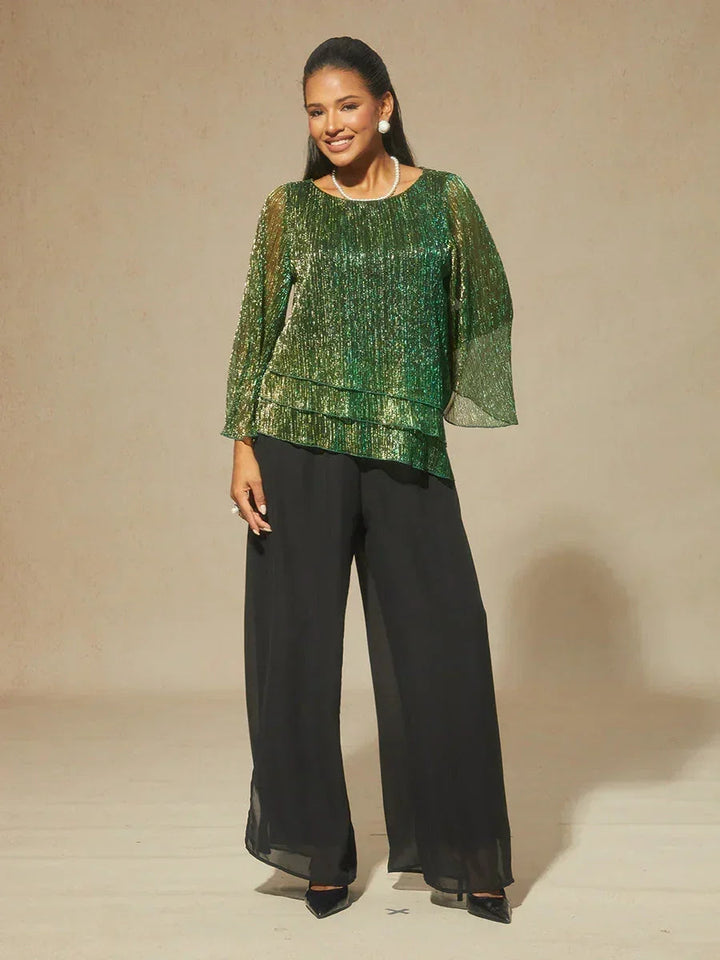 Metallic Pleated Chiffon Asymmetrical Layered Blouse