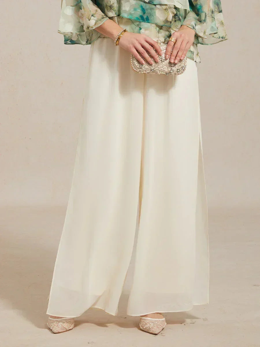 Rechte broek met chiffon split been overlay