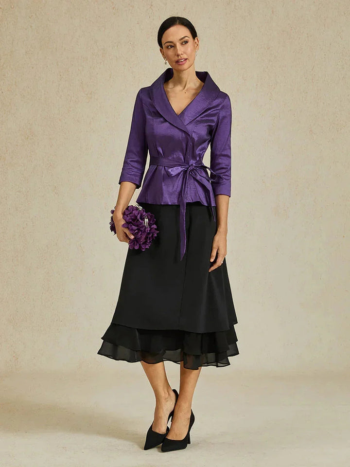 3/4 Sleeve Stretch Taffeta Blouse with Tie Waist Detail