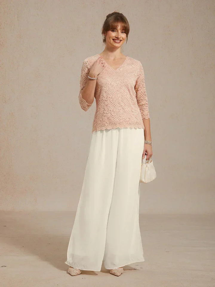 V-Neck Stretch Lace Top And Chiffon Pant Suits