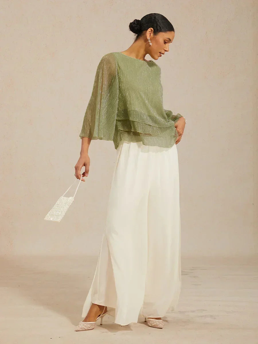 Chiffon Asymmetrical Layered Blouse And Pant Suits