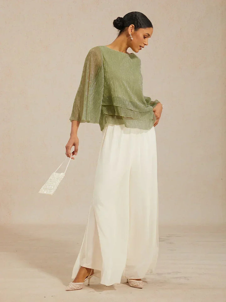 Chiffon Asymmetrical Layered Blouse And Pant Suits