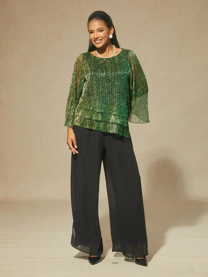 Chiffon Asymmetrical Layered Blouse And Pant Suits