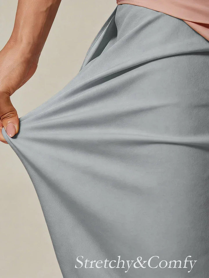 Cropped Length Straight Leg Pant With Chiffon Split Leg Overlay