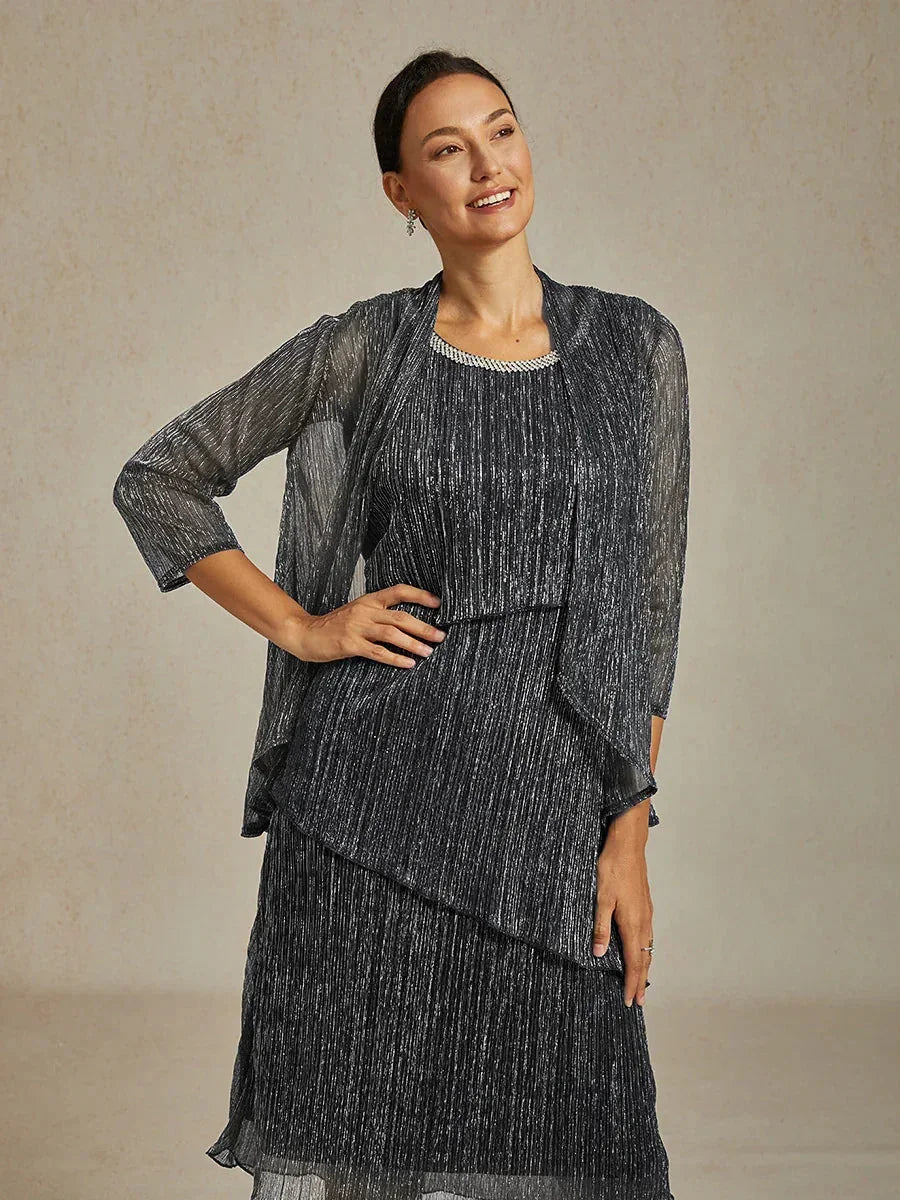 Metallic Pleated Chiffon Long Jacket with Layered Design