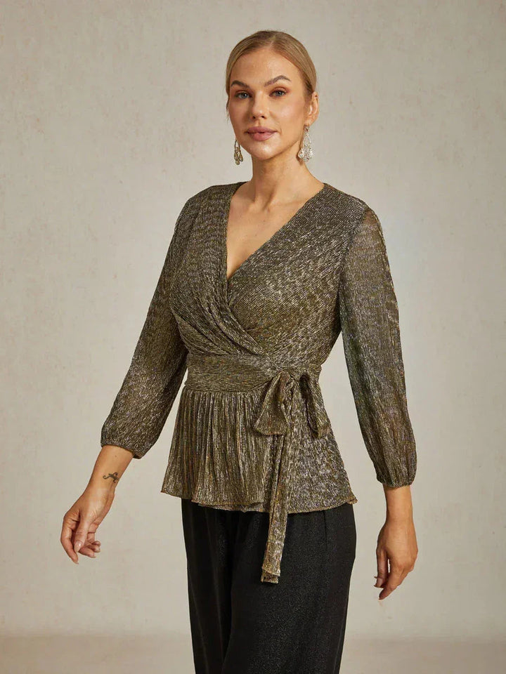 Metallic Pleated Chiffon Evening Wrap Top