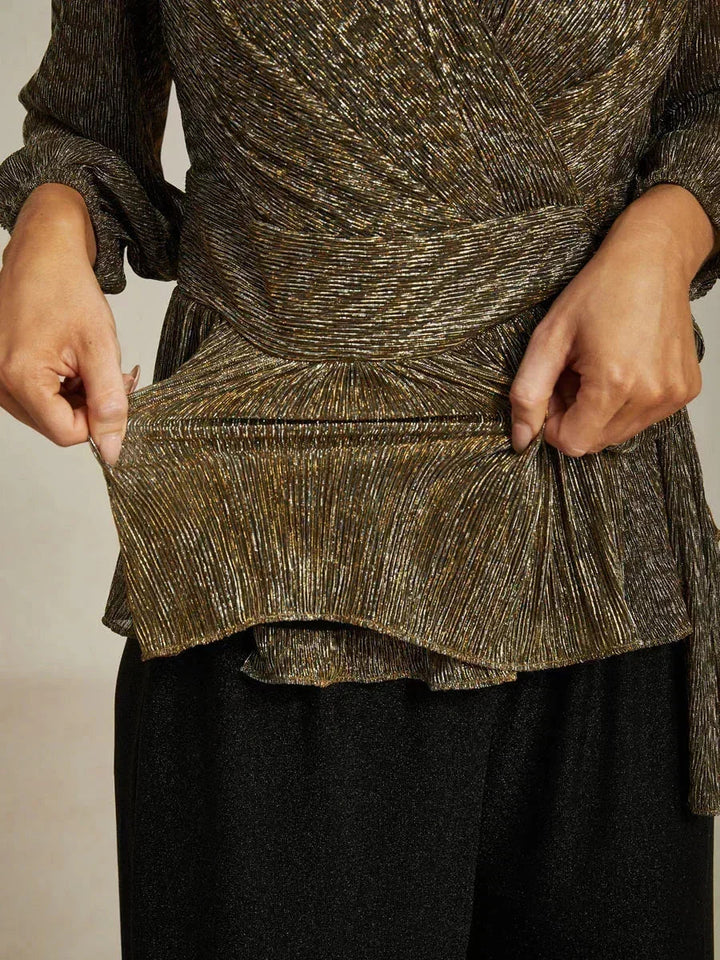 Metallic Pleated Chiffon Evening Wrap Top