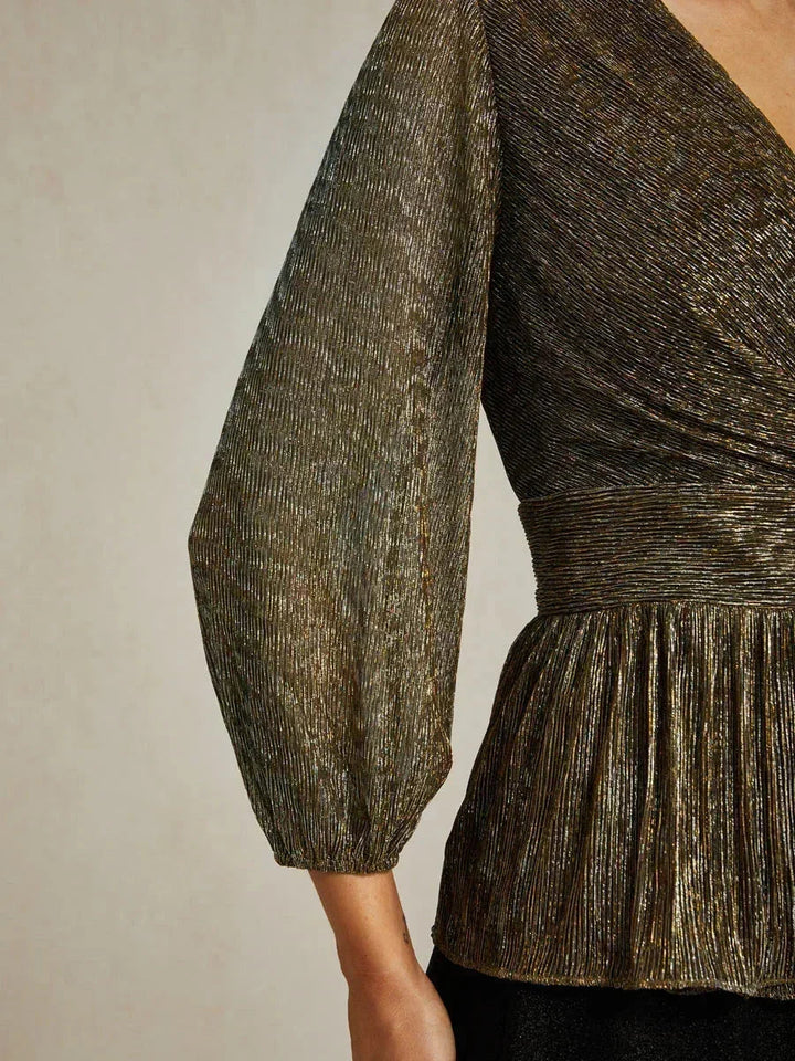 Metallic Pleated Chiffon Evening Wrap Top
