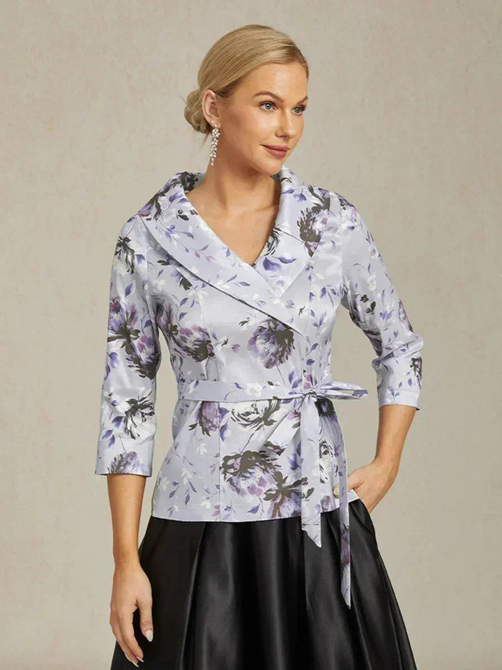 3/4 Sleeve Stretch Taffeta Blouse with Tie Waist Detail