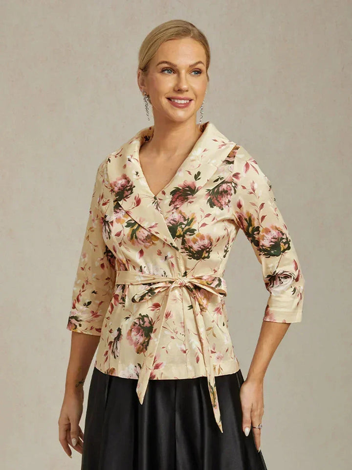 3/4 Sleeve Stretch Taffeta Blouse with Tie Waist Detail