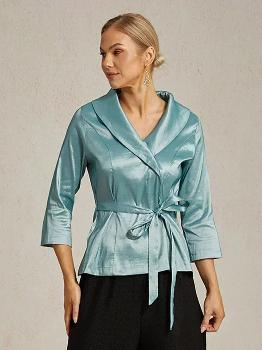 3/4 Sleeve Stretch Taffeta Blouse with Tie Waist Detail
