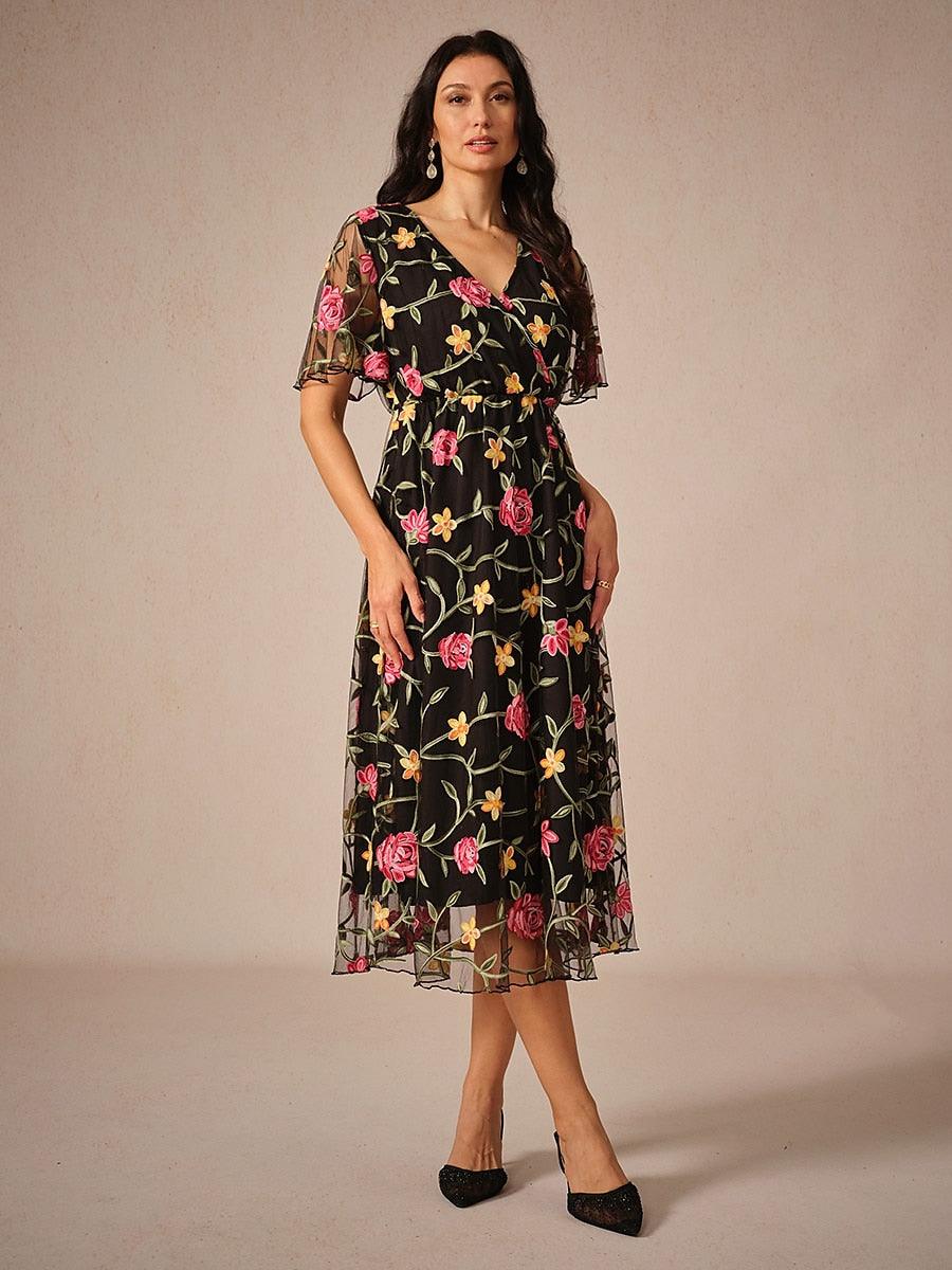 Floral Embroidery Mesh Midi Dress