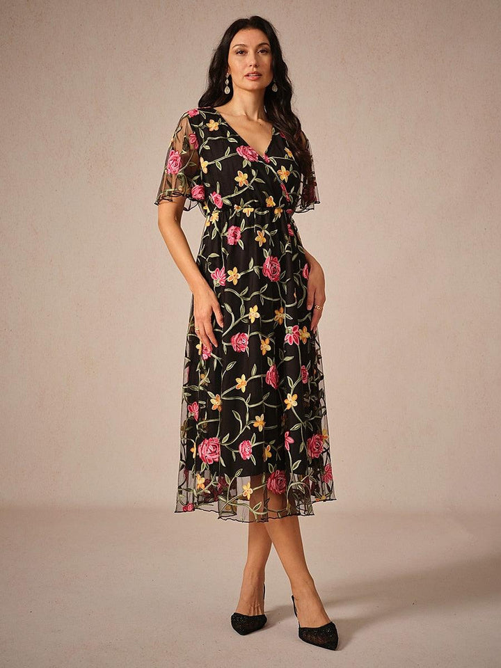 Floral Embroidery Mesh Midi Dress