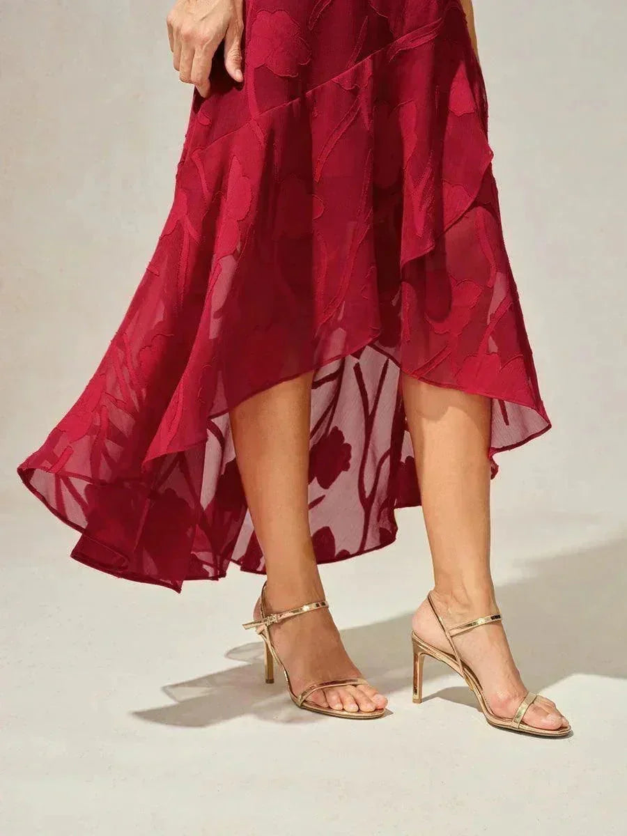 Floral Chiffon Sleeveless Evening Gown with Asymmetrical Hem