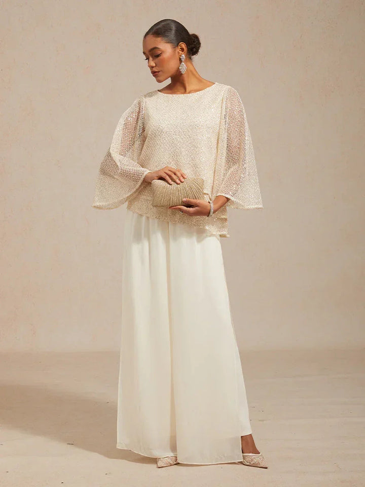 Mesh Sequin Layered Top Chiffon Pant Suits