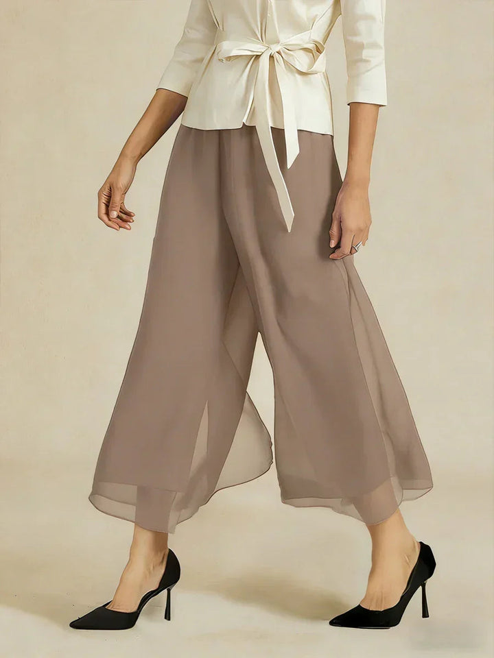 Cropped Length Straight Leg Pant With Chiffon Split Leg Overlay