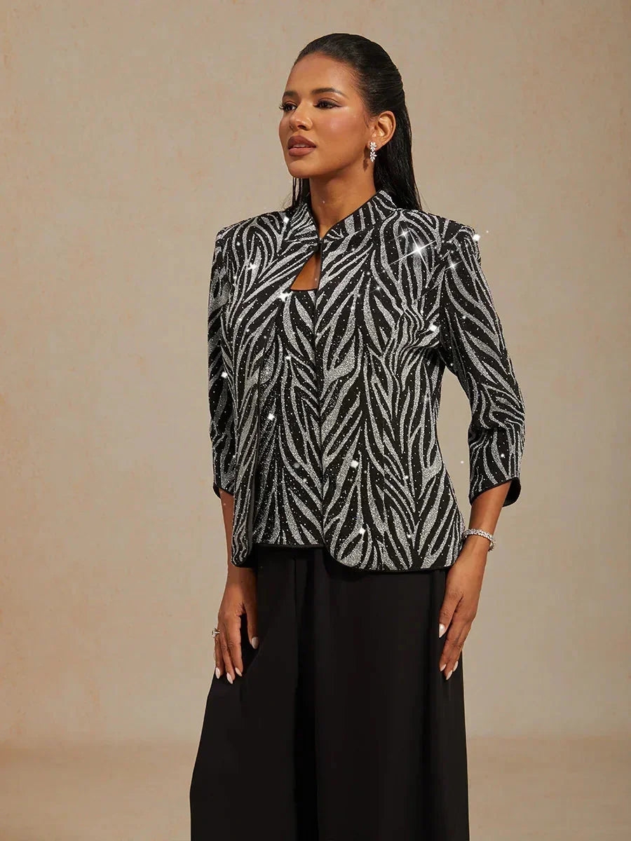 Mandarin Collar Zebra Twinset And Pants 3 Piece Sets