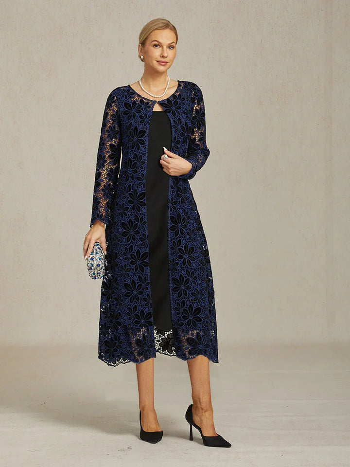 Floral Embroidered Velvet Long Jacket with Scallop Detail