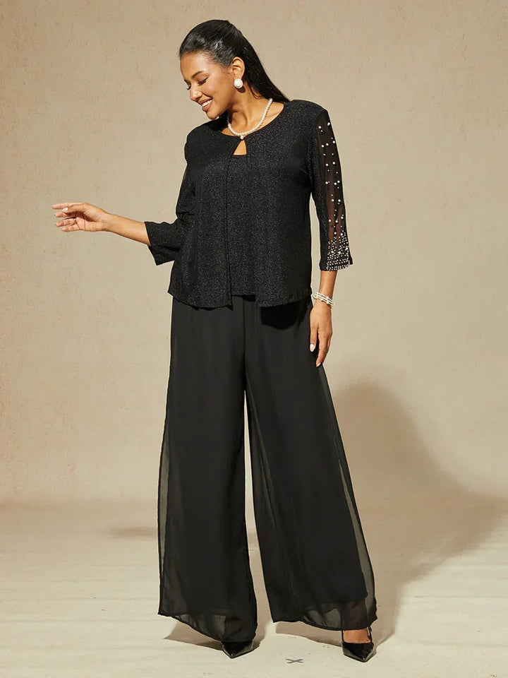 Beaded 3/4 Sleeve Metallic Knit Blouse