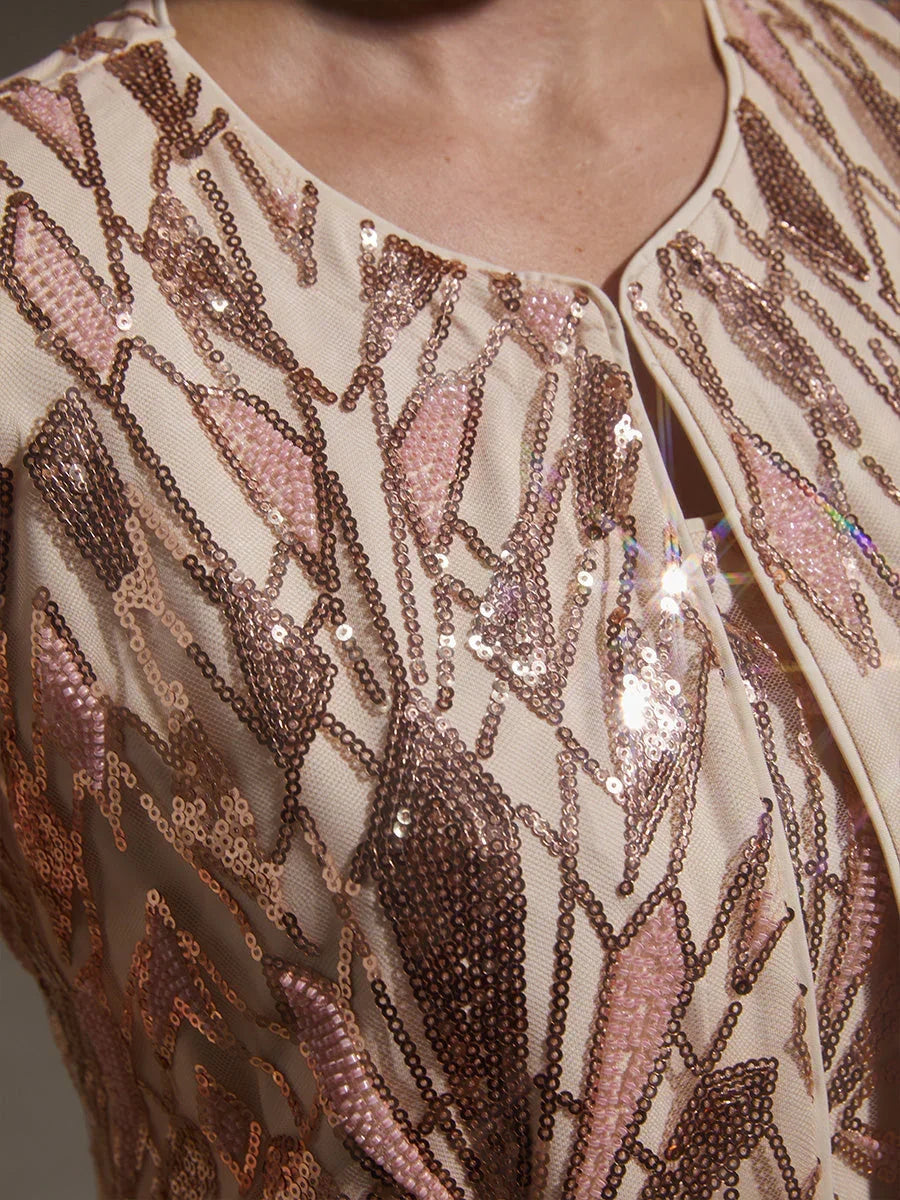 Sequin Beaded Mock Jackets Twinset And Chiffon Pant Suits