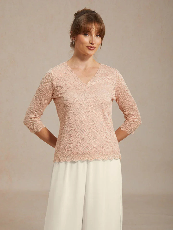 V-Neck Stretch Lace Top And Chiffon Pant Suits