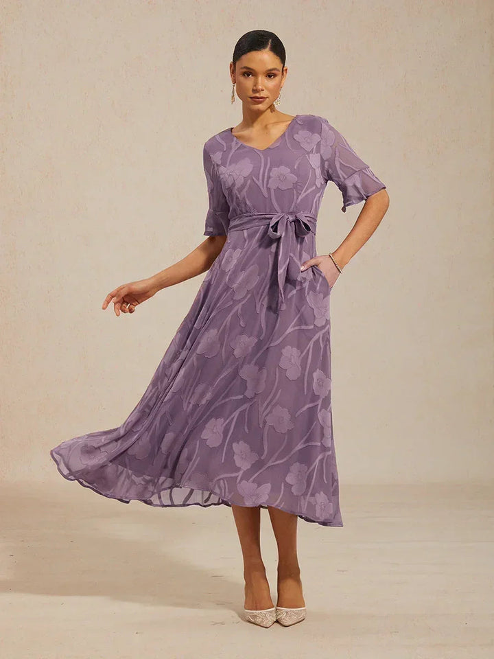 Ruffle Flutter Lace Midi Dress with Pockets