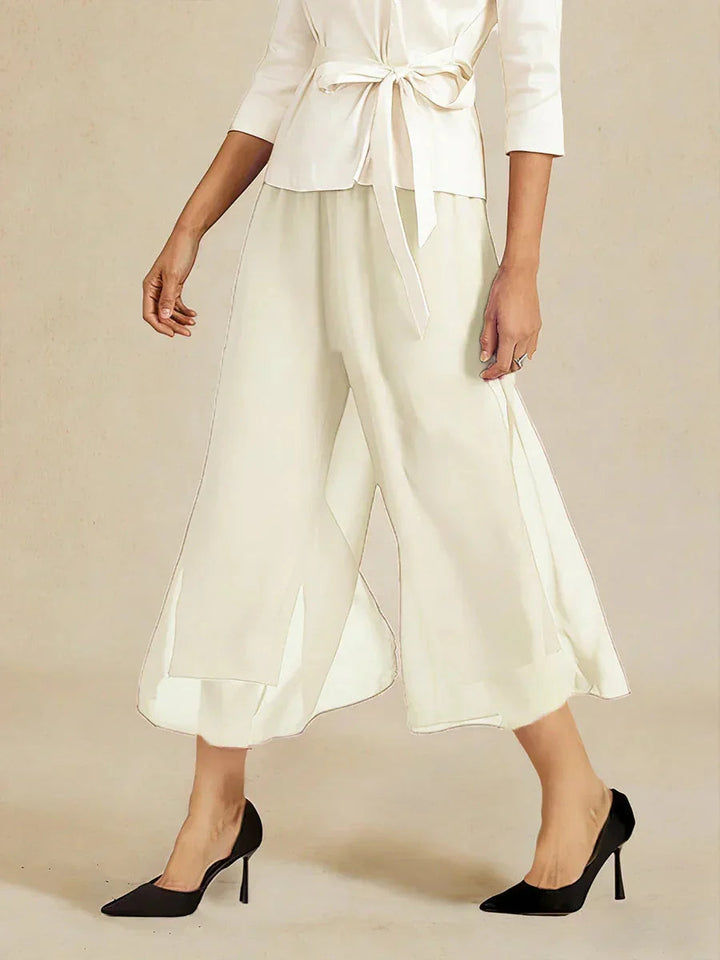 Cropped Length Straight Leg Pant With Chiffon Split Leg Overlay