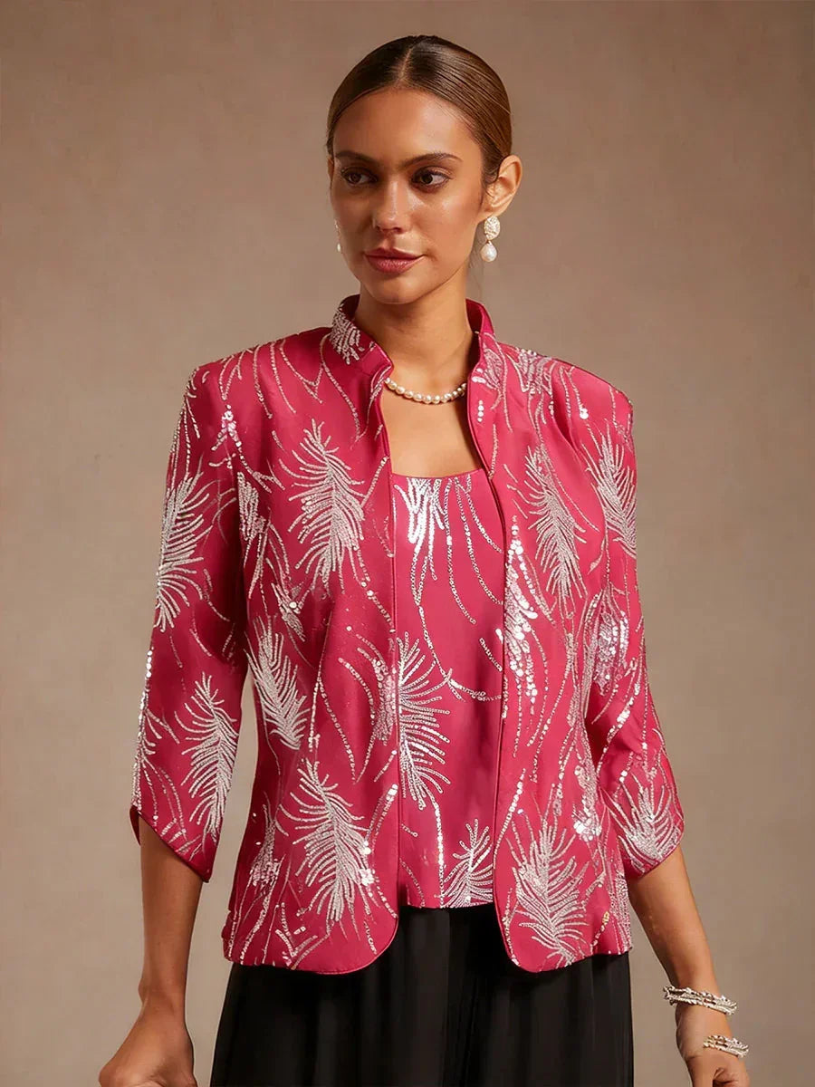 Elegant Mandarin Collar Sequin Twinset