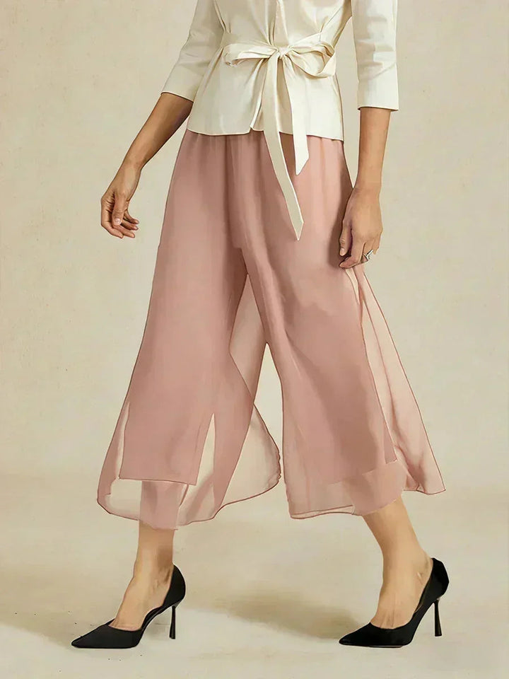 Cropped Length Straight Leg Pant With Chiffon Split Leg Overlay
