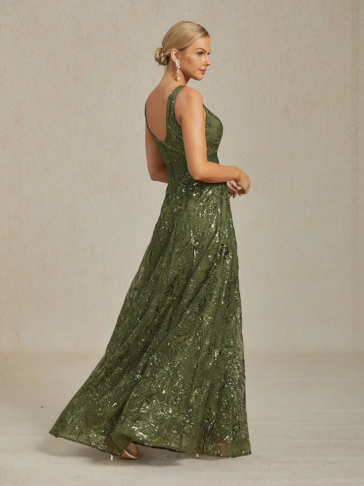 Floral Sequin Embroidered V-Neck Maxi Dress with Low Back