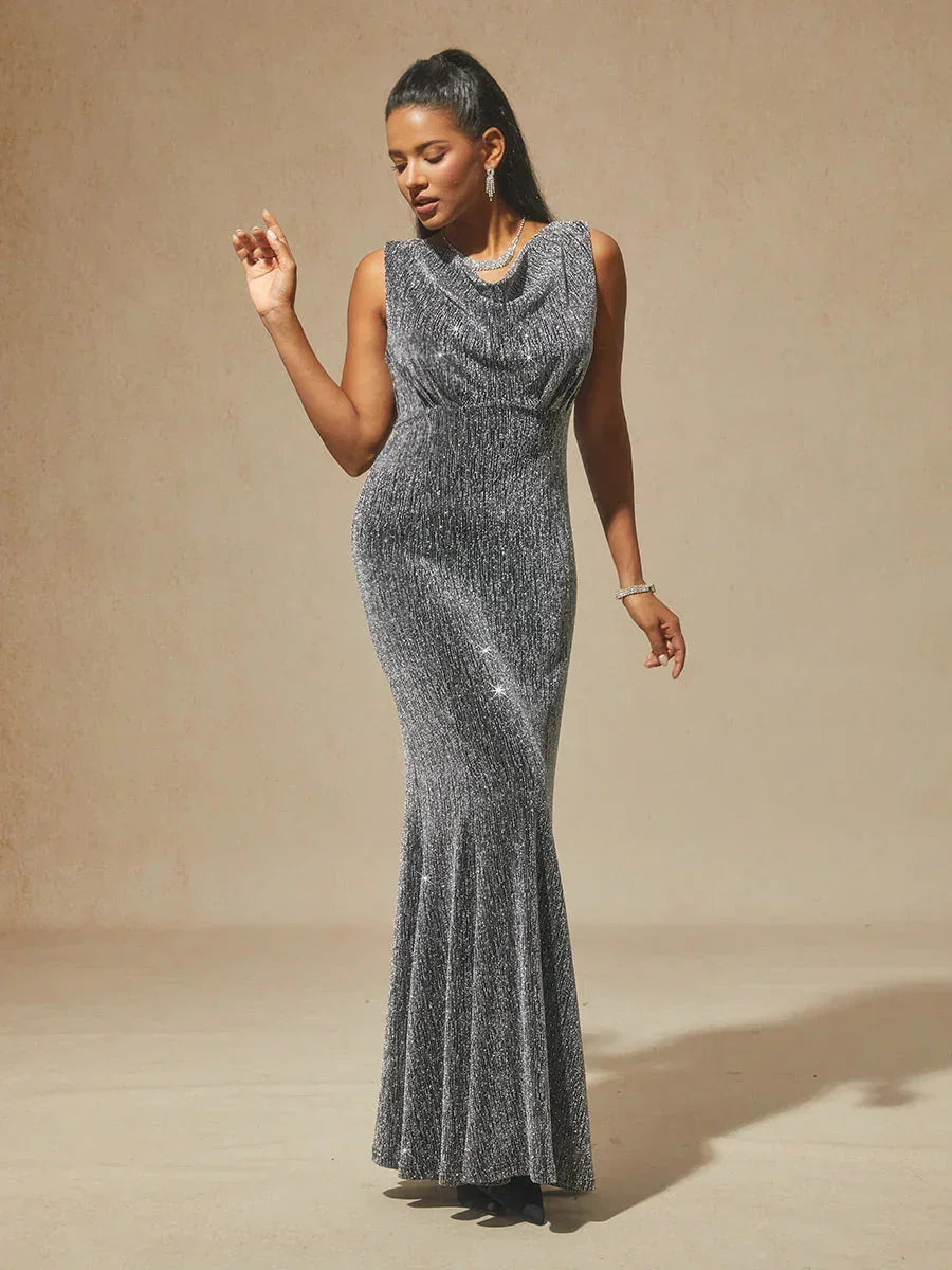 High-Stretch Velvet Sleeveless Midi Dress with Cowl Neck