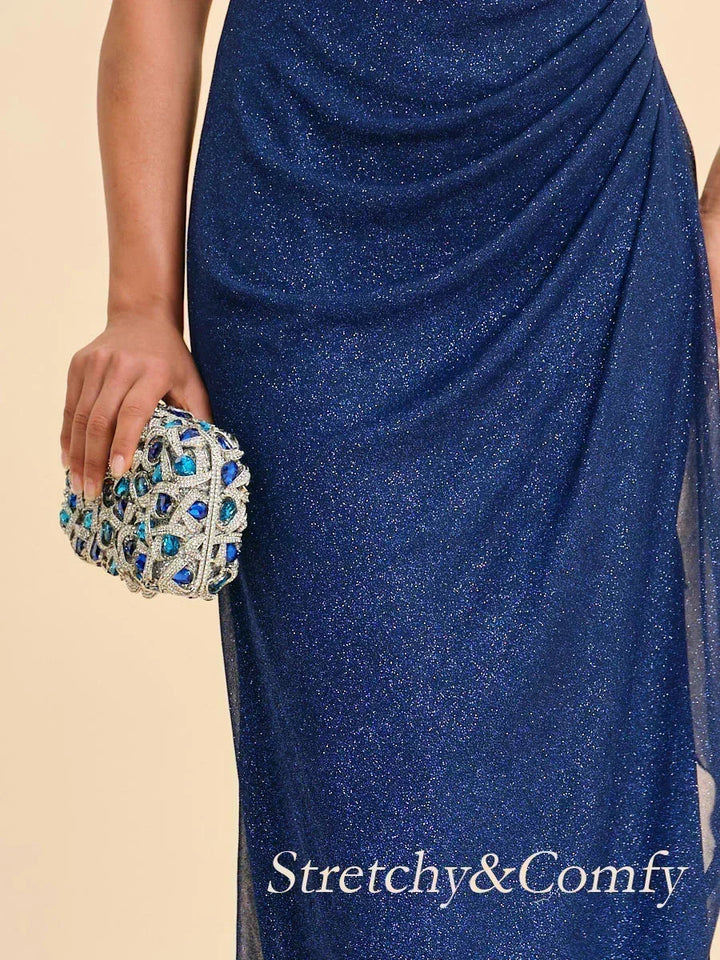 Ankle-Length Cold Shoulder Glitter Mesh Dress