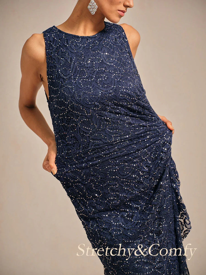 Lace Sequin Maxi Dress with Ruffle Detail