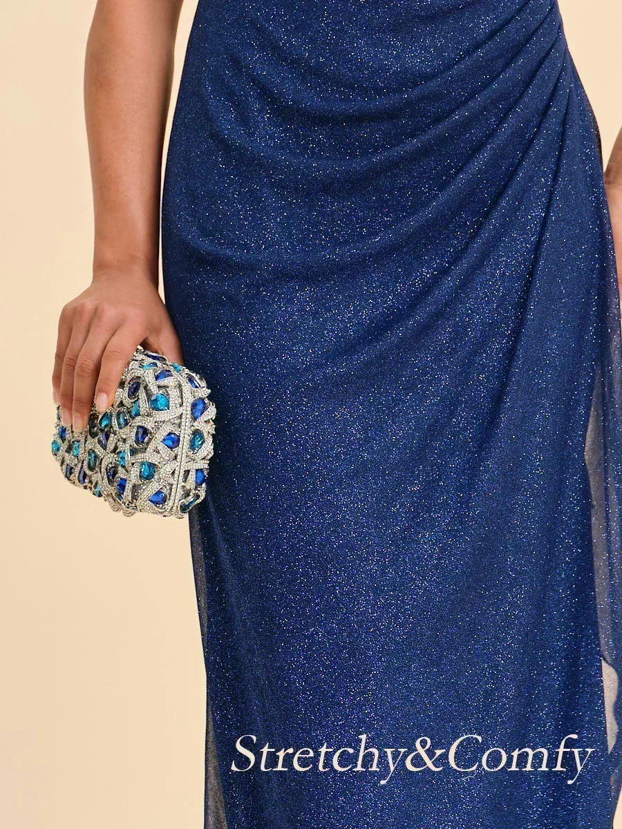Ankle-Length Cold Shoulder Glitter Mesh Dress