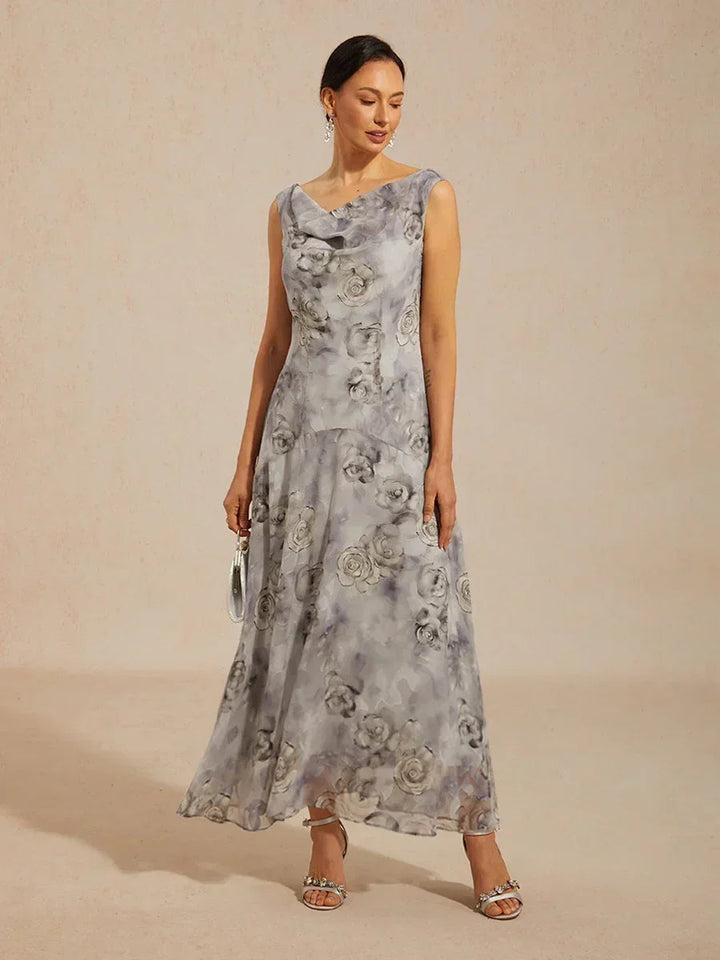 Floral Cowl Neck Tea-Length Dress with Flounce Hem