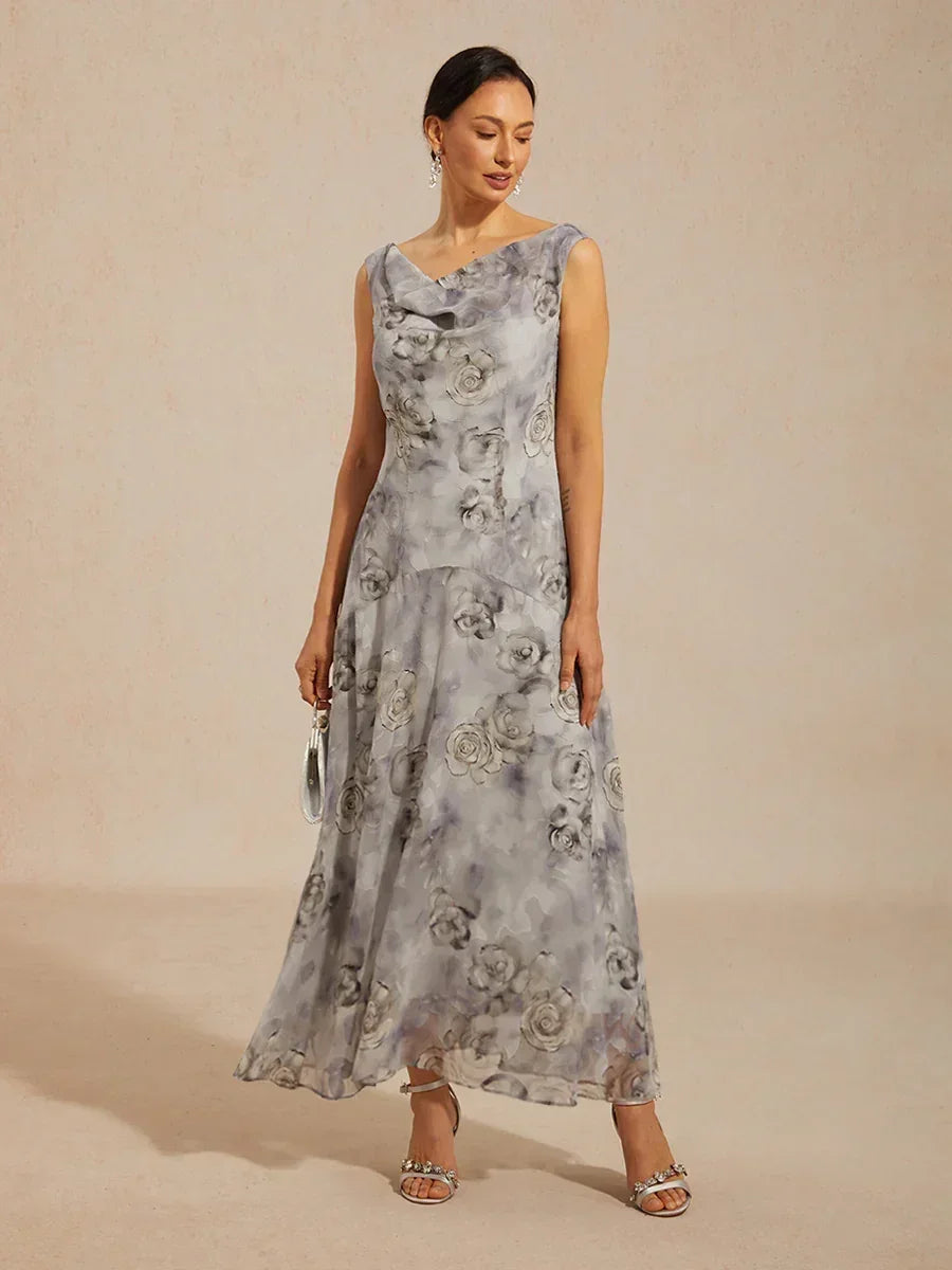 Floral Cowl Neck Tea-Length Dress with Flounce Hem