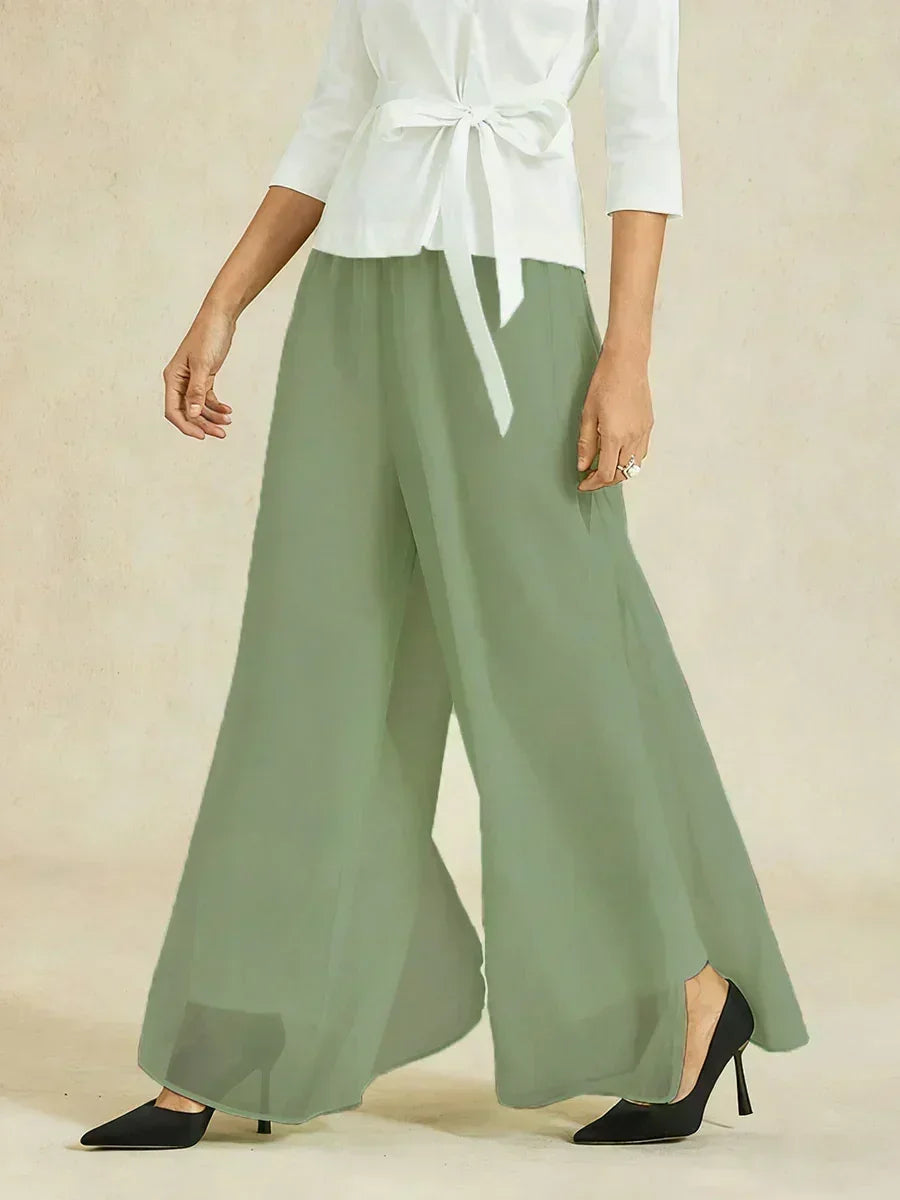 Rechte broek met chiffon split been overlay