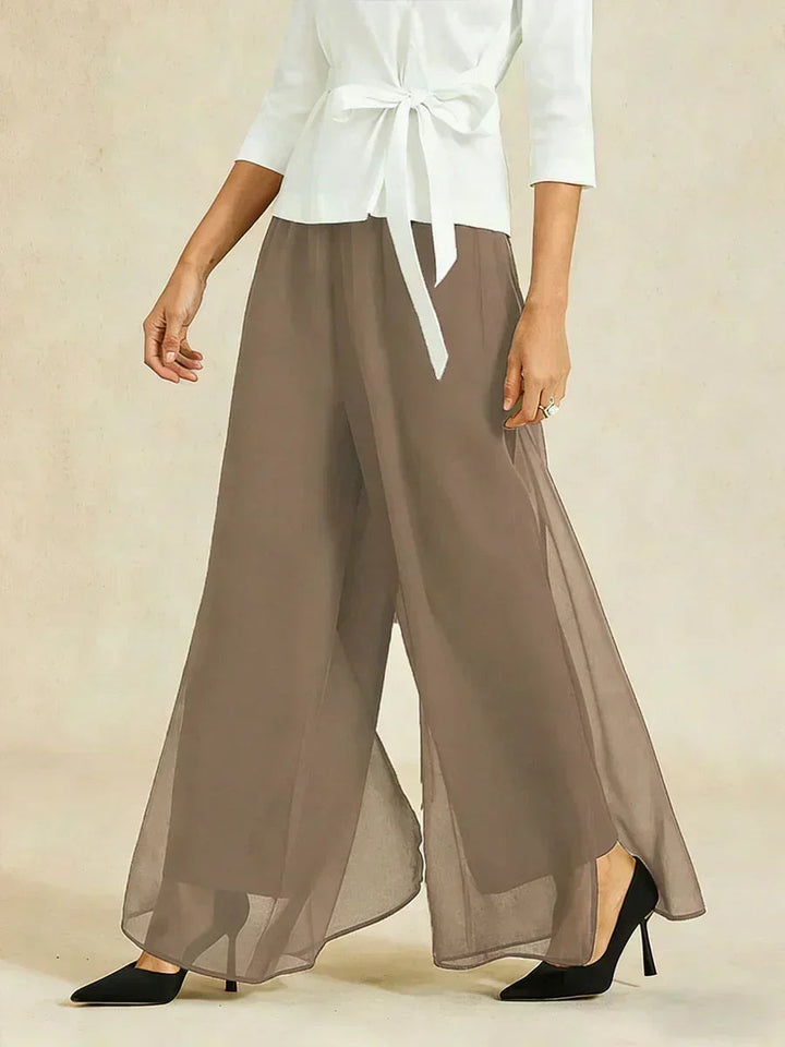 Rechte broek met chiffon split been overlay