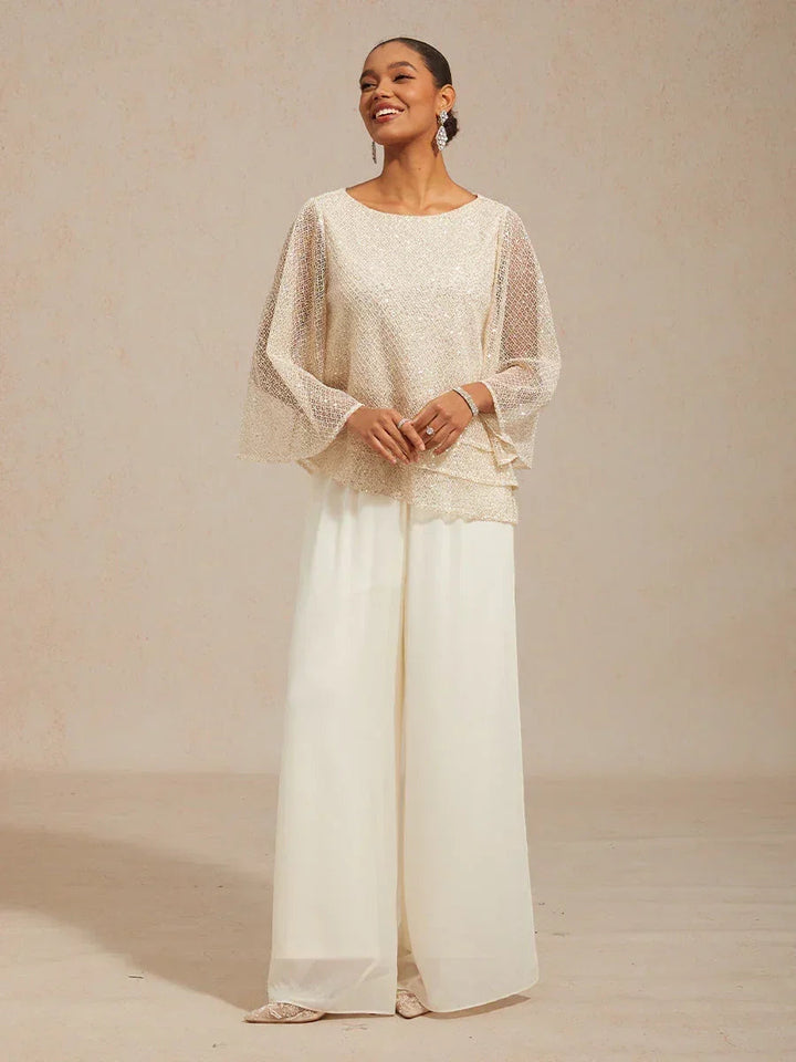 Mesh Sequin Layered Top Chiffon Pant Suits