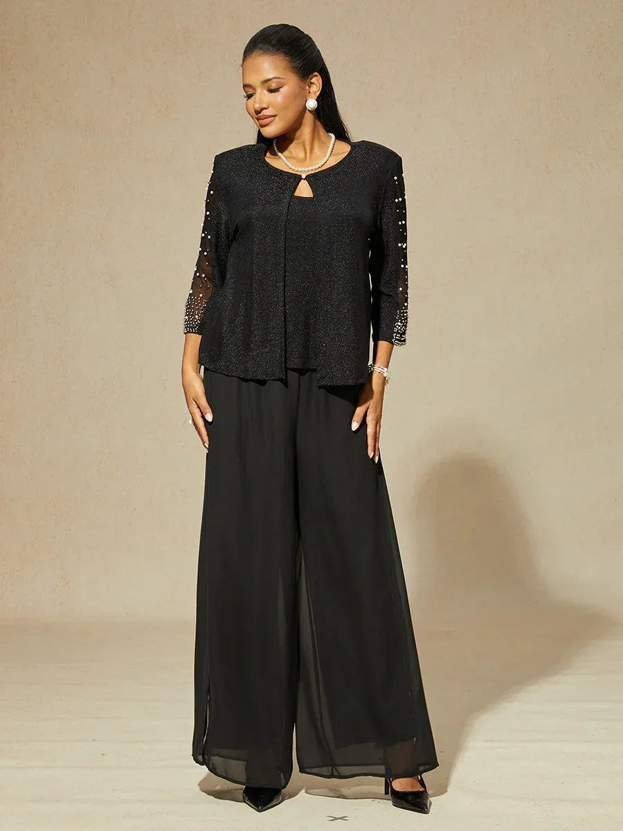 Beaded 3/4 Sleeve Metallic Knit Blouse