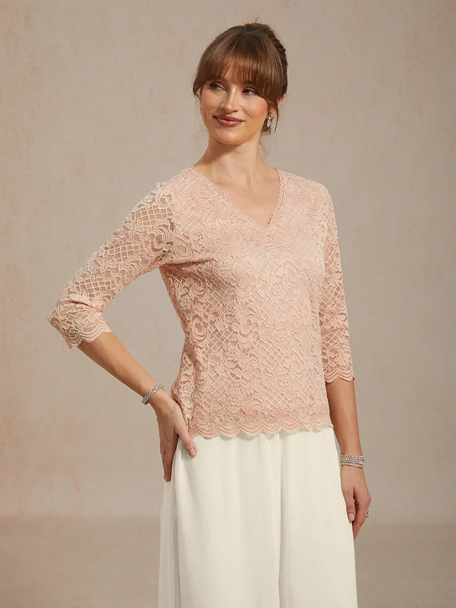 Feminine V-Neck Stretch Lace Top with Scalloped Hem