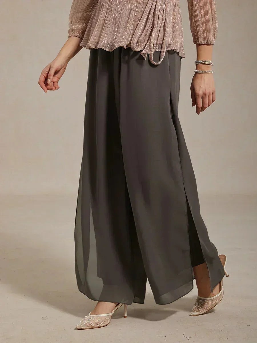 Rechte broek met chiffon split been overlay
